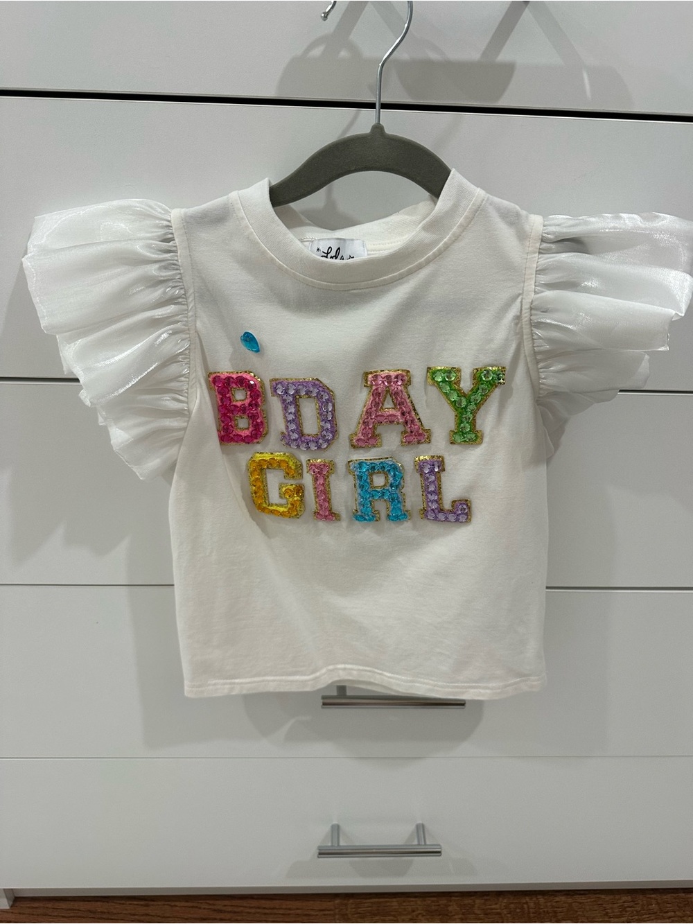 Lola + The Boys White 'BDAY GIRL' Sequin Tee with Puff Sleeves Size 5